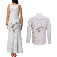 White Polynesia Couples Matching Tank Maxi Dress and Long Sleeve Button Shirt Tribal Pattern Tropical Frangipani