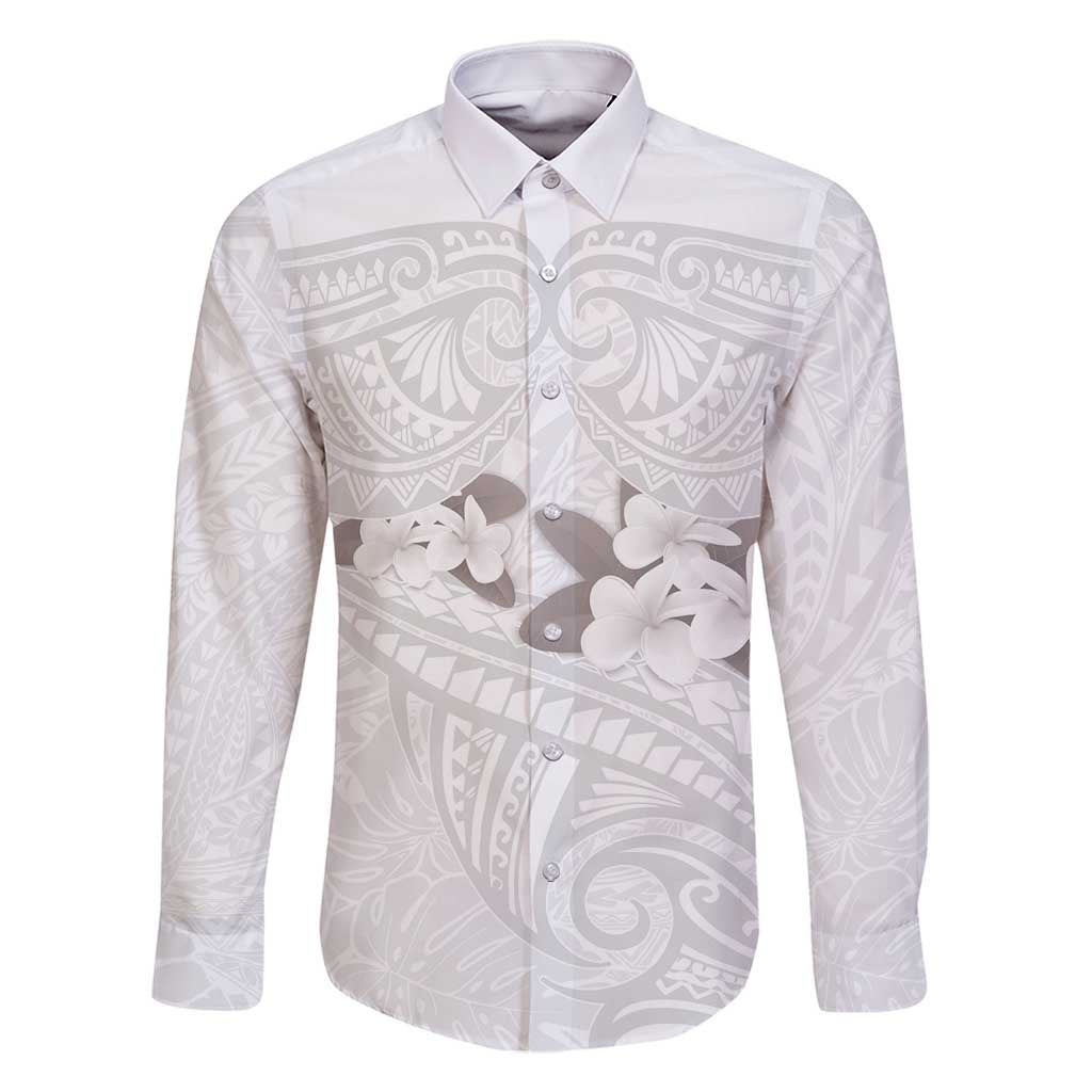 White Polynesia Family Matching Long Sleeve Bodycon Dress and Hawaiian Shirt Tribal Pattern Tropical Frangipani