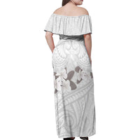 White Polynesia Family Matching Off Shoulder Maxi Dress and Hawaiian Shirt Tribal Pattern Tropical Frangipani