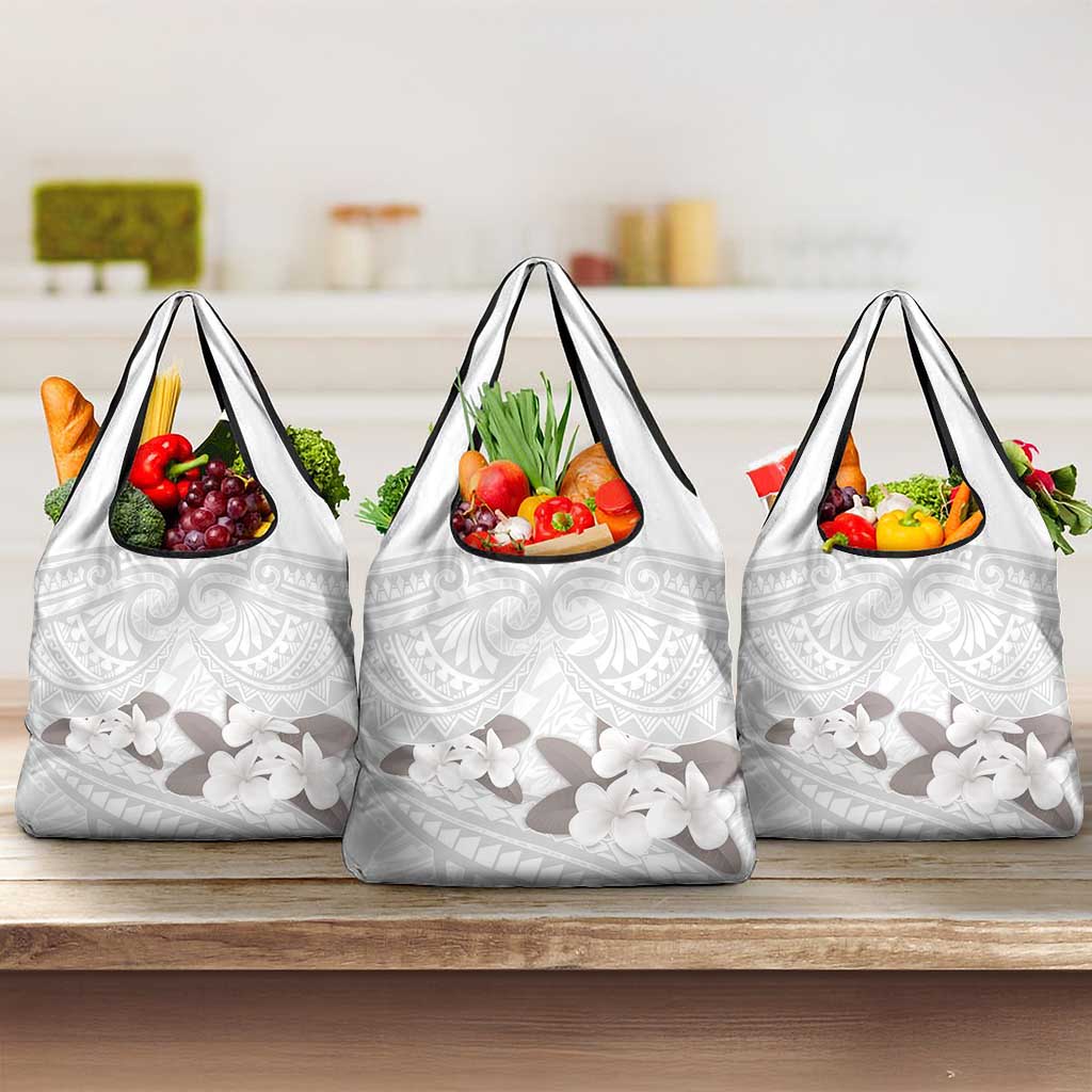 White Polynesia Grocery Bag Tribal Pattern Tropical Frangipani