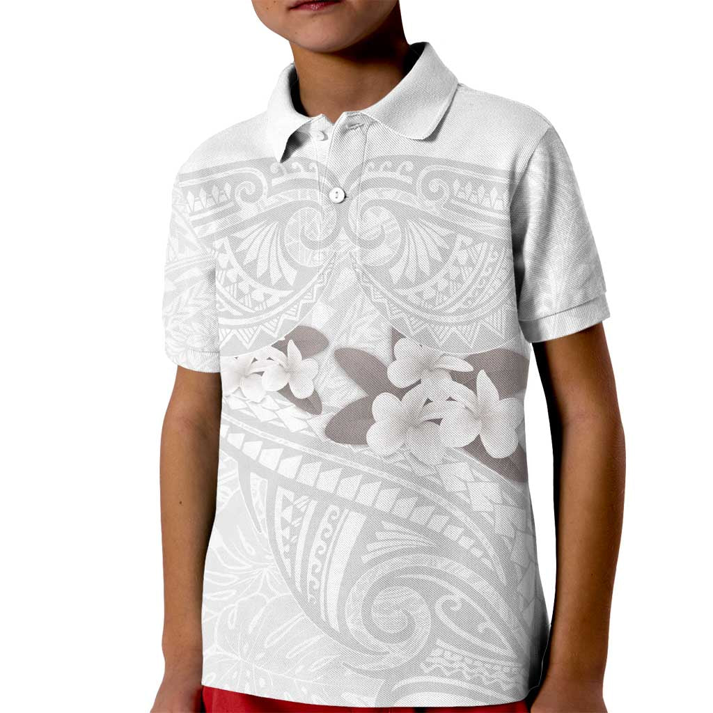 White Polynesia Kid Polo Shirt Tribal Pattern Tropical Frangipani LT14 Kid White - Polynesian Pride