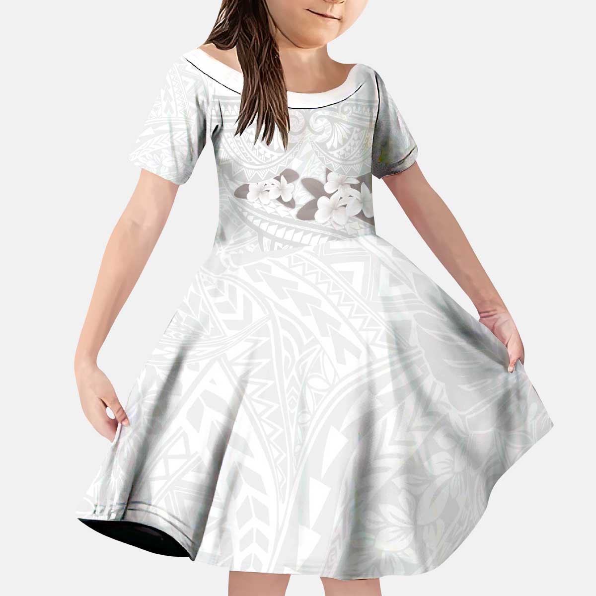 White Polynesia Kid Short Sleeve Dress Tribal Pattern Tropical Frangipani LT14 KID White - Polynesian Pride