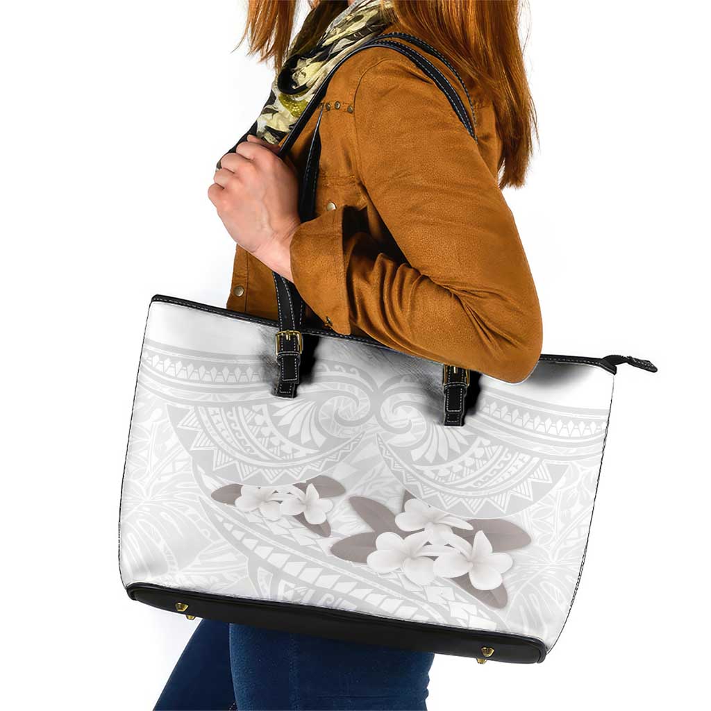 White Polynesia Leather Tote Bag Tribal Pattern Tropical Frangipani LT14 White - Polynesian Pride