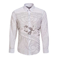 White Polynesia Long Sleeve Button Shirt Tribal Pattern Tropical Frangipani