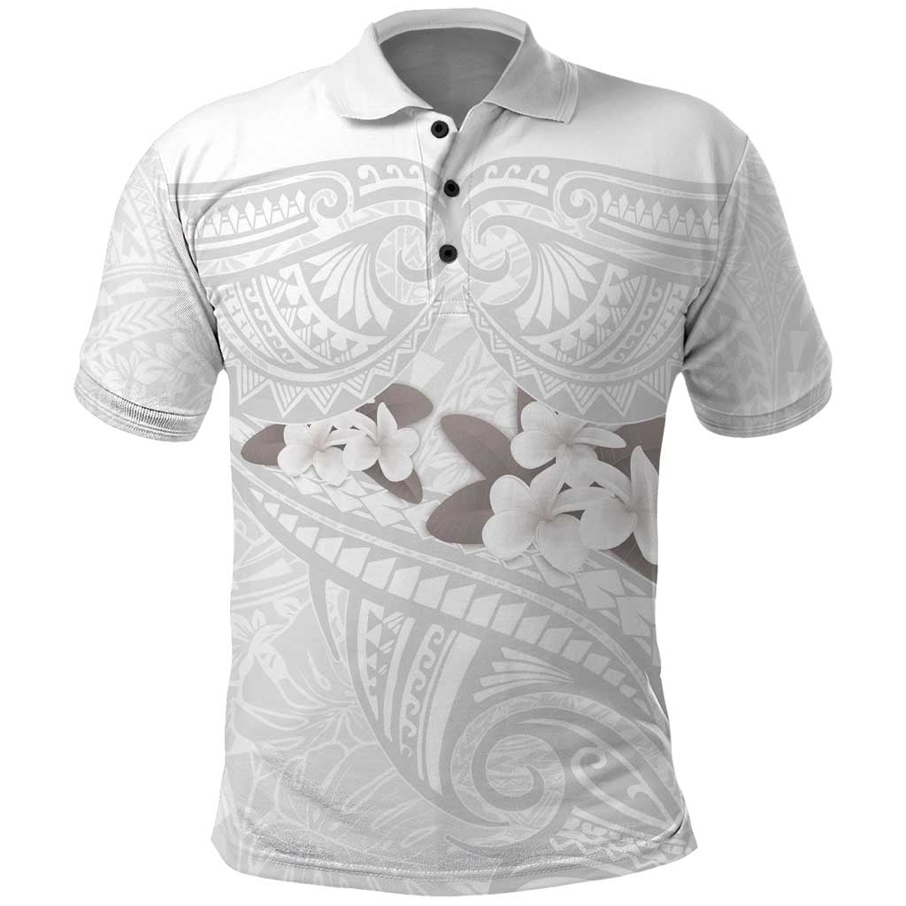 White Polynesia Polo Shirt Tribal Pattern Tropical Frangipani