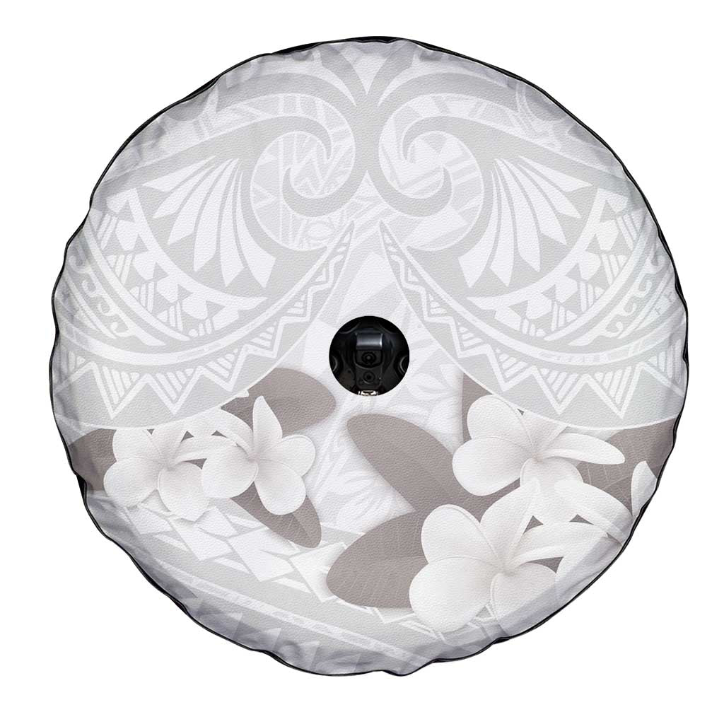 White Polynesia Spare Tire Cover Tribal Pattern Tropical Frangipani
