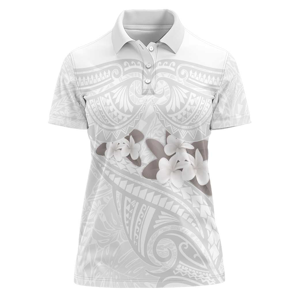 White Polynesia Women Polo Shirt Tribal Pattern Tropical Frangipani