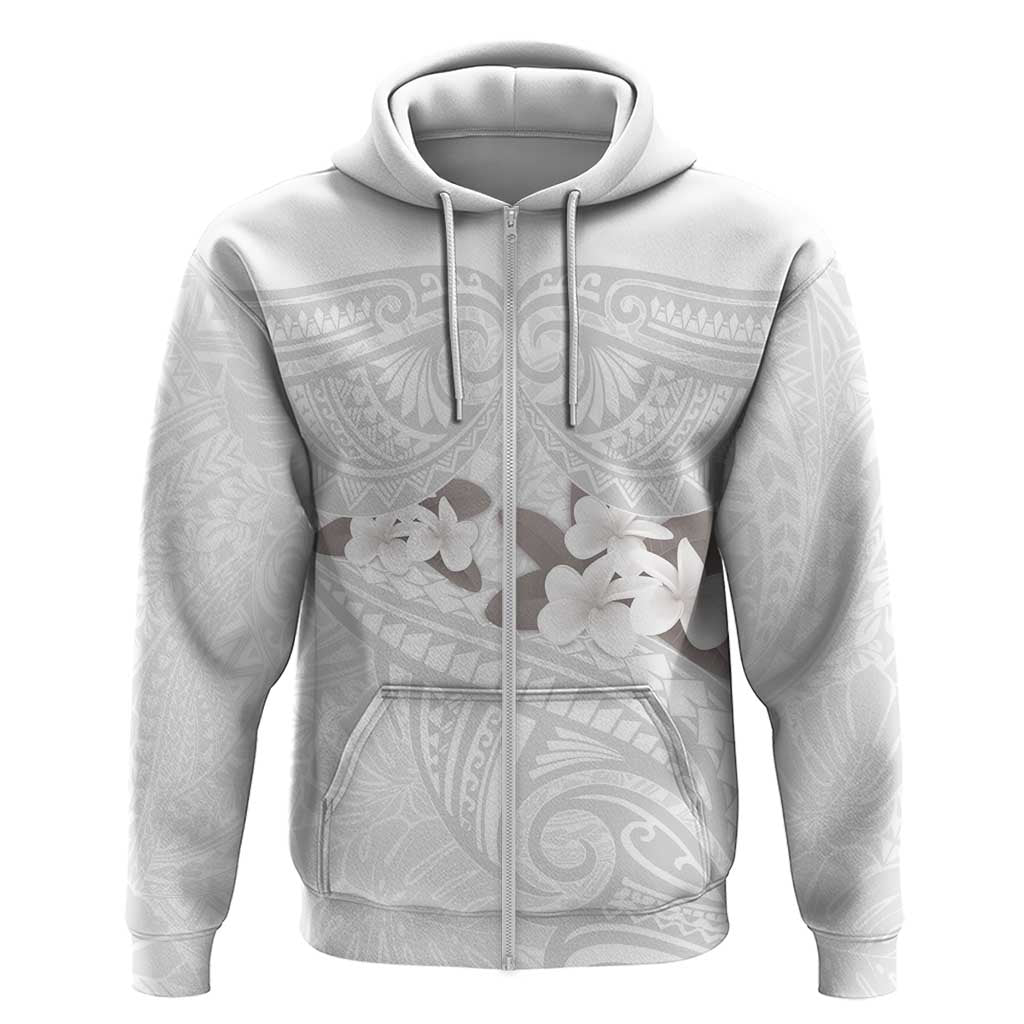 White Polynesia Zip Hoodie Tribal Pattern Tropical Frangipani