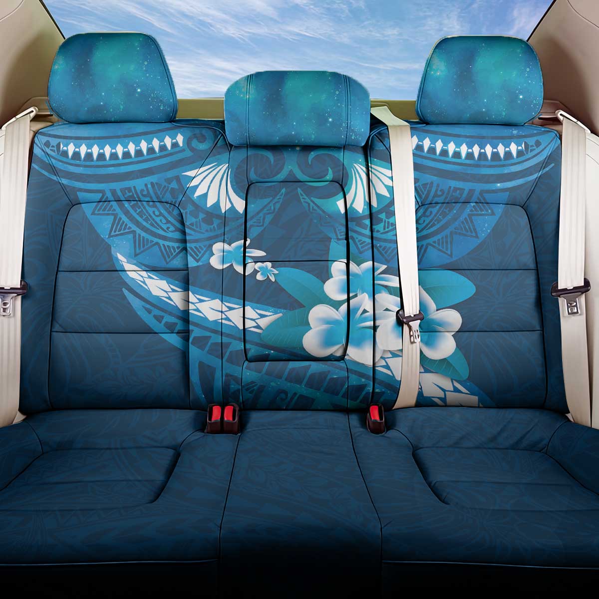 Blue Polynesia Back Car Seat Cover Tribal Pattern Tropical Frangipani