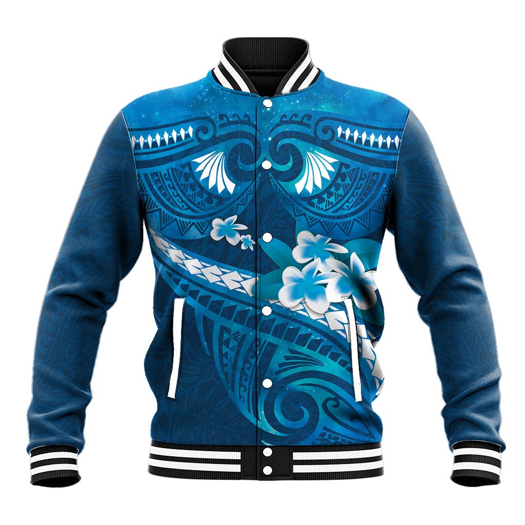 Blue Polynesia Baseball Jacket Tribal Pattern Tropical Frangipani LT14 Unisex Blue - Polynesian Pride