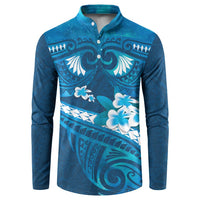 Blue Polynesia Button Sweatshirt Tribal Pattern Tropical Frangipani LT14 Blue - Polynesian Pride