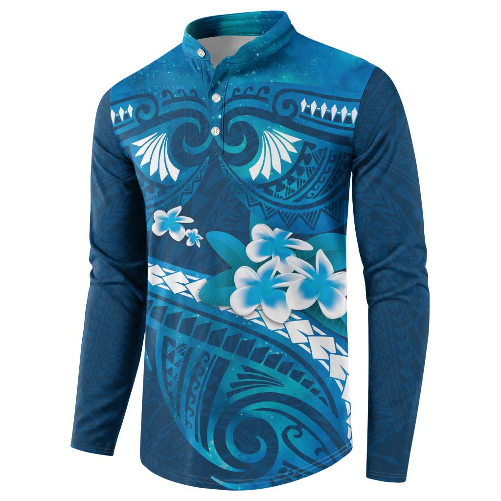Blue Polynesia Button Sweatshirt Tribal Pattern Tropical Frangipani LT14 - Polynesian Pride