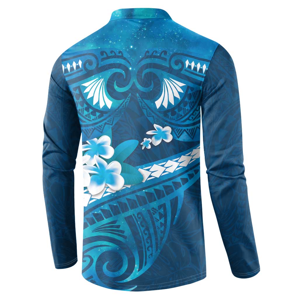 Blue Polynesia Button Sweatshirt Tribal Pattern Tropical Frangipani LT14 - Polynesian Pride