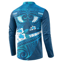 Blue Polynesia Button Sweatshirt Tribal Pattern Tropical Frangipani LT14 - Polynesian Pride