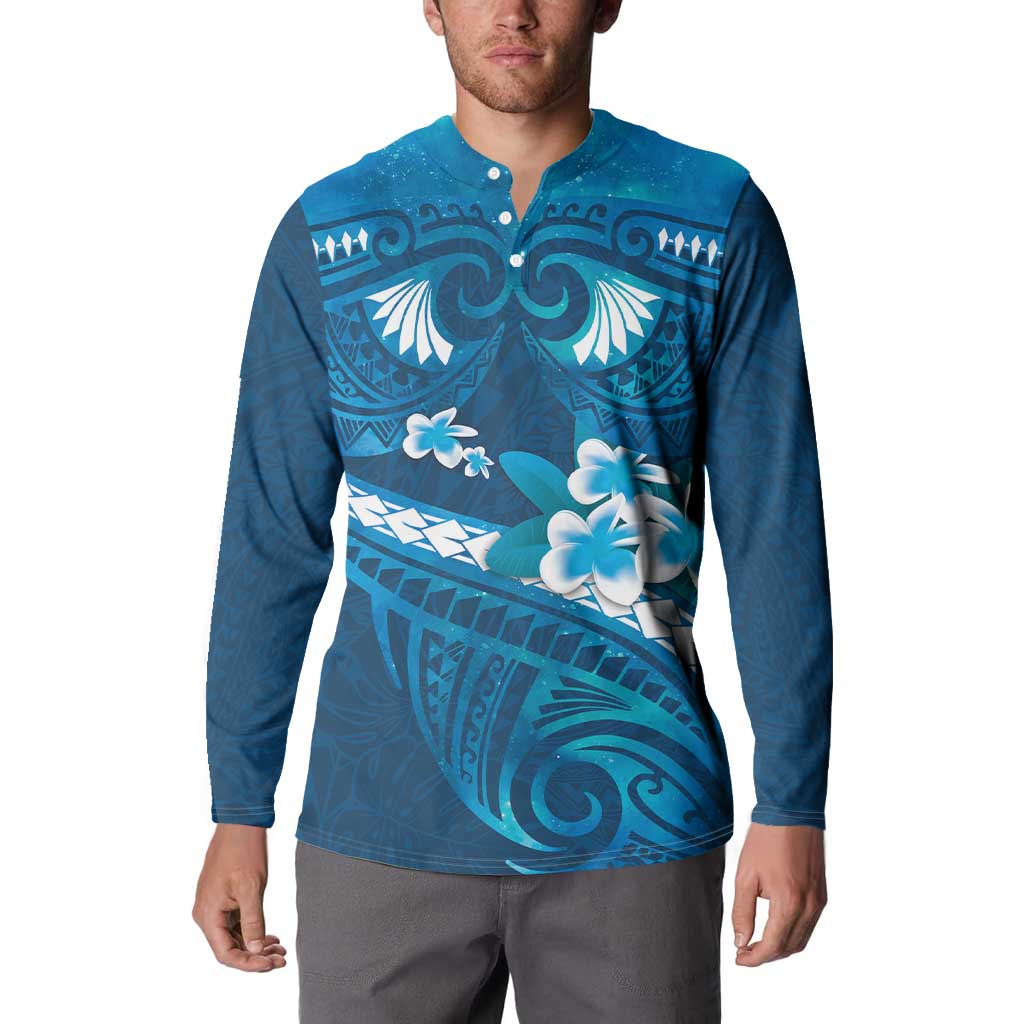 Blue Polynesia Button Sweatshirt Tribal Pattern Tropical Frangipani LT14 - Polynesian Pride