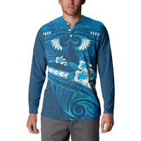 Blue Polynesia Button Sweatshirt Tribal Pattern Tropical Frangipani LT14 - Polynesian Pride