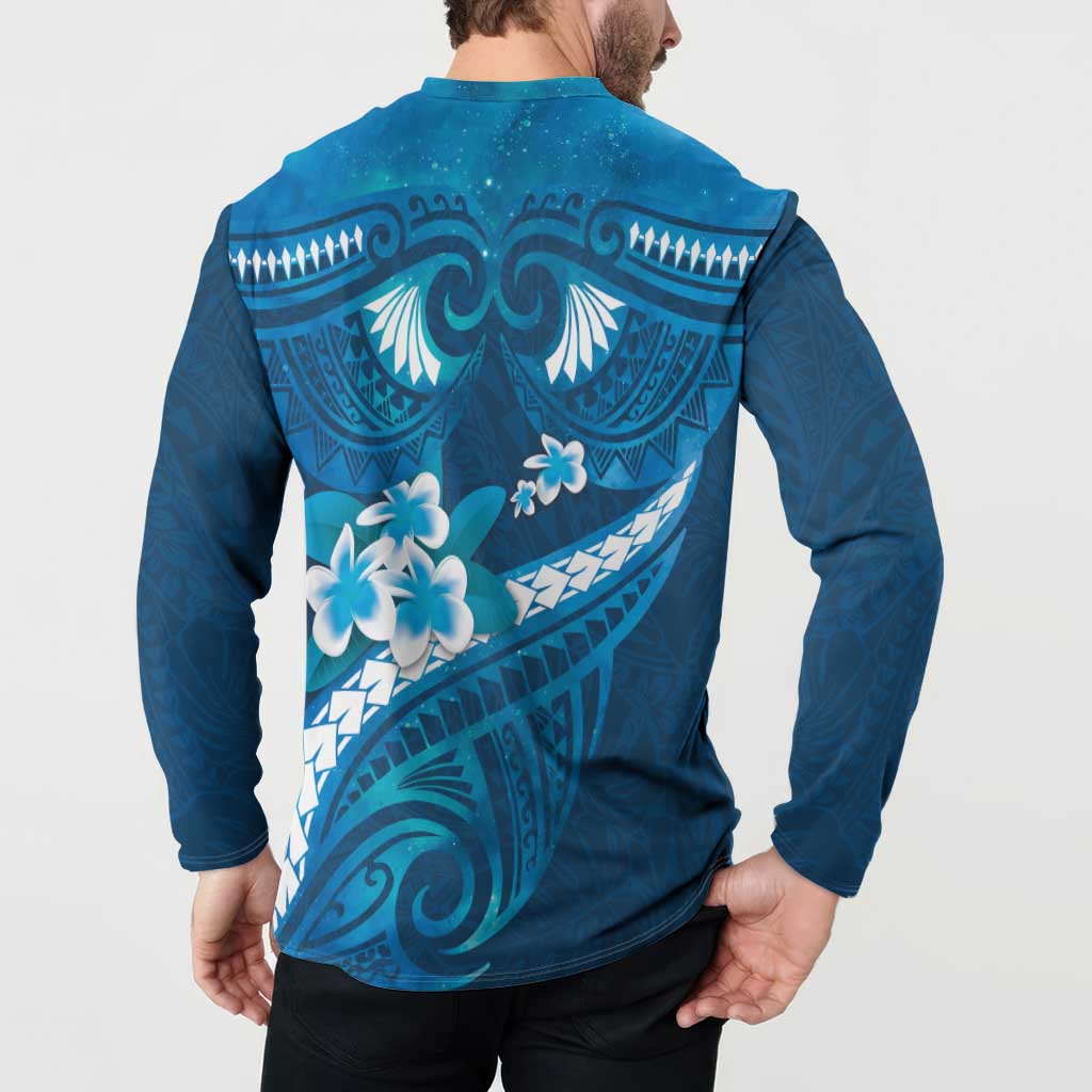 Blue Polynesia Button Sweatshirt Tribal Pattern Tropical Frangipani LT14 - Polynesian Pride