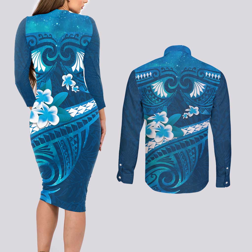 Blue Polynesia Couples Matching Long Sleeve Bodycon Dress and Long Sleeve Button Shirt Tribal Pattern Tropical Frangipani