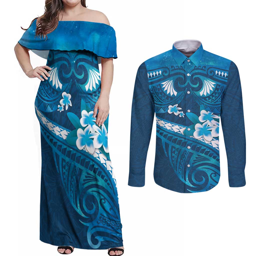 Blue Polynesia Couples Matching Off Shoulder Maxi Dress and Long Sleeve Button Shirt Tribal Pattern Tropical Frangipani