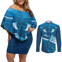 Blue Polynesia Couples Matching Off Shoulder Short Dress and Long Sleeve Button Shirt Tribal Pattern Tropical Frangipani