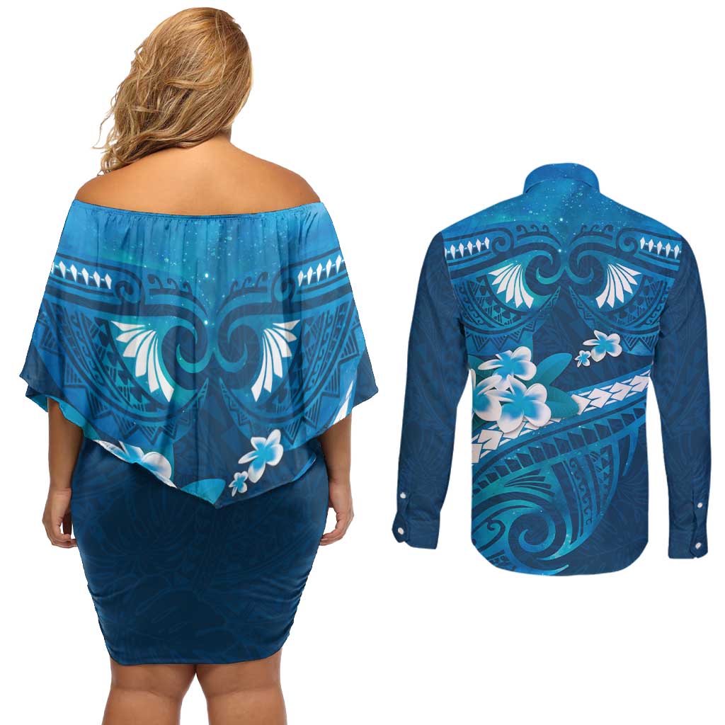 Blue Polynesia Couples Matching Off Shoulder Short Dress and Long Sleeve Button Shirt Tribal Pattern Tropical Frangipani