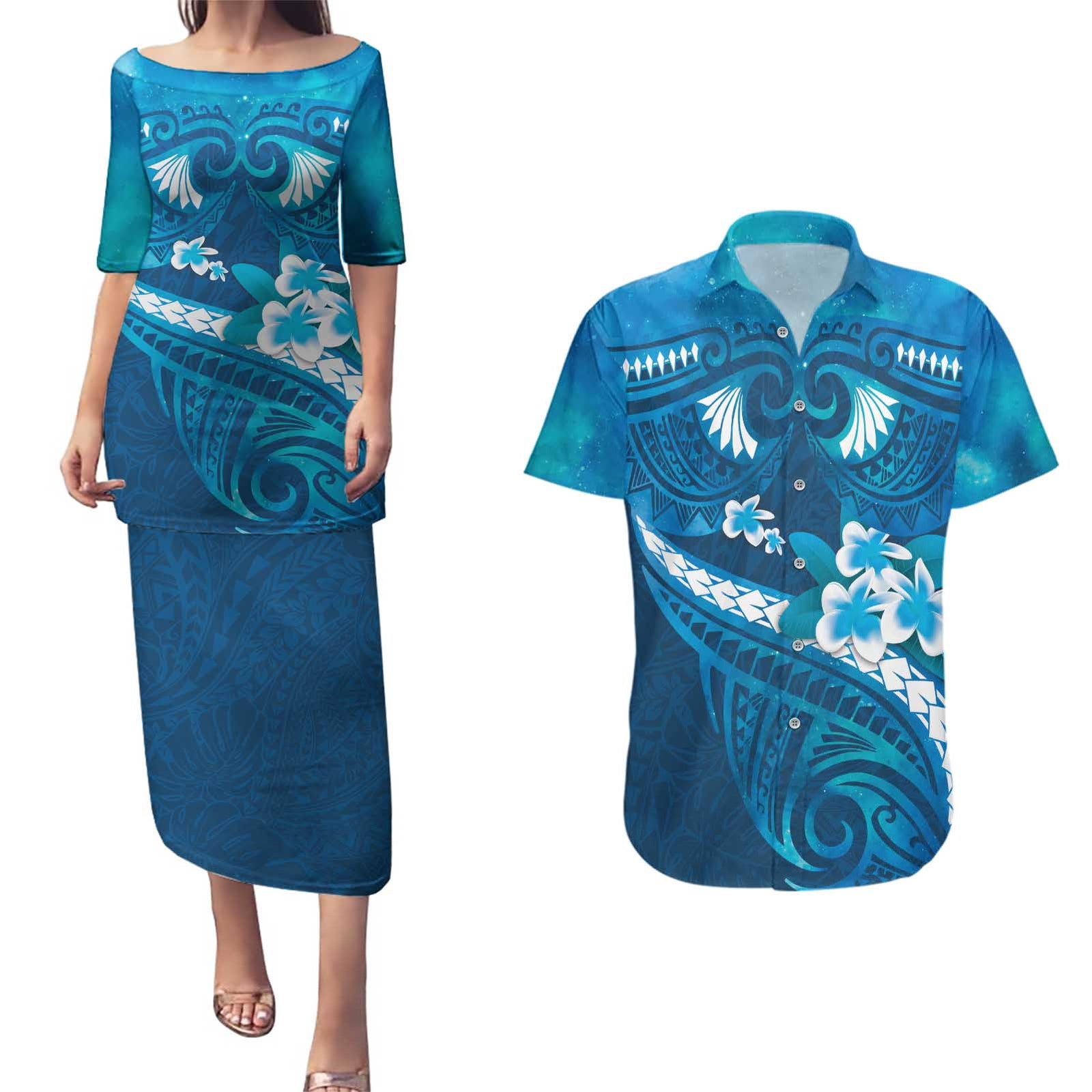 Blue Polynesia Couples Matching Puletasi and Hawaiian Shirt Tribal Pattern Tropical Frangipani