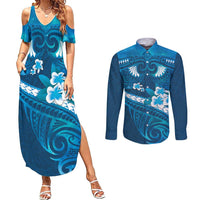 Blue Polynesia Couples Matching Summer Maxi Dress and Long Sleeve Button Shirt Tribal Pattern Tropical Frangipani
