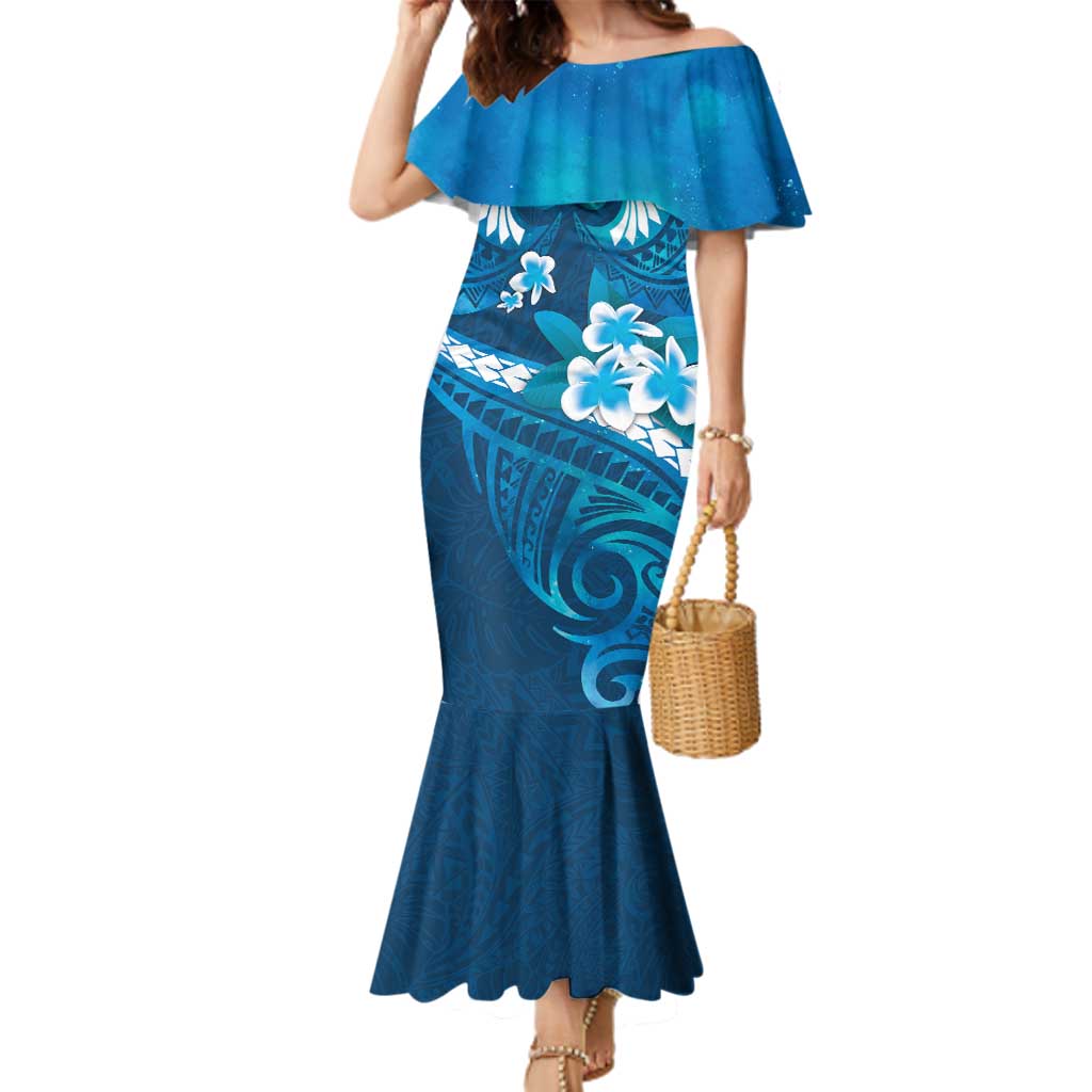 Blue Polynesia Family Matching Mermaid Dress and Hawaiian Shirt Tribal Pattern Tropical Frangipani