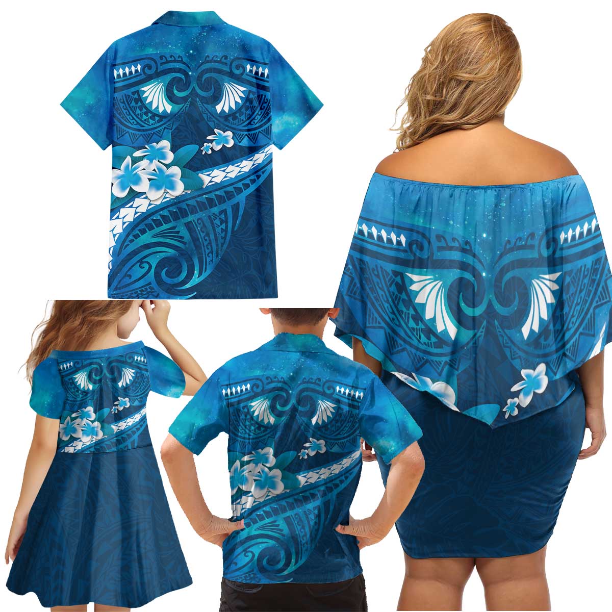 Blue Polynesia Family Matching Off Shoulder Short Dress and Hawaiian Shirt Tribal Pattern Tropical Frangipani