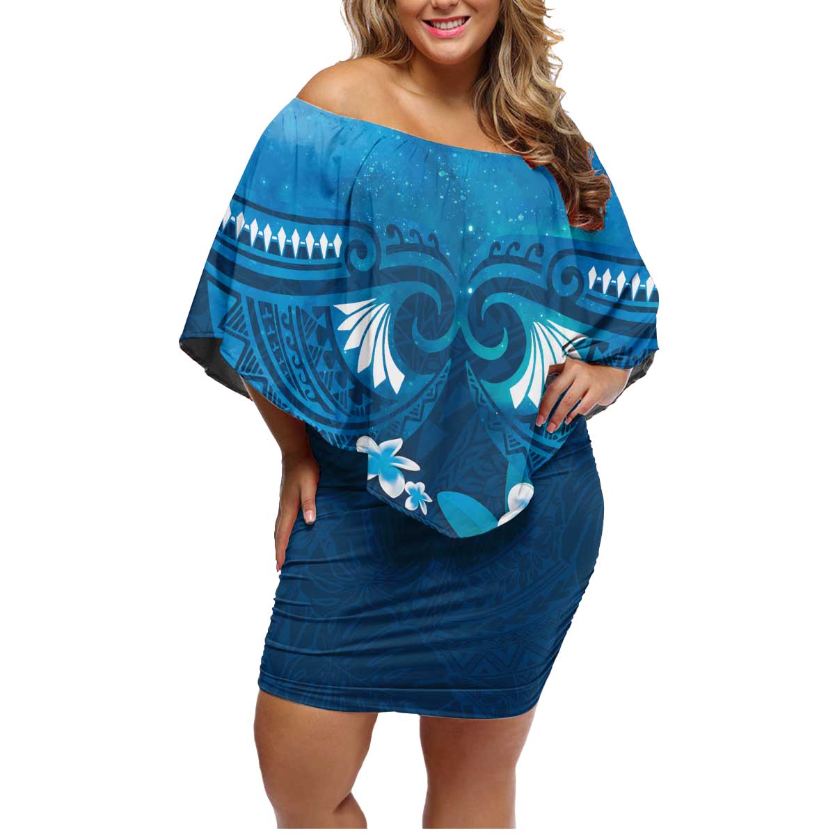 Blue Polynesia Family Matching Off Shoulder Short Dress and Hawaiian Shirt Tribal Pattern Tropical Frangipani