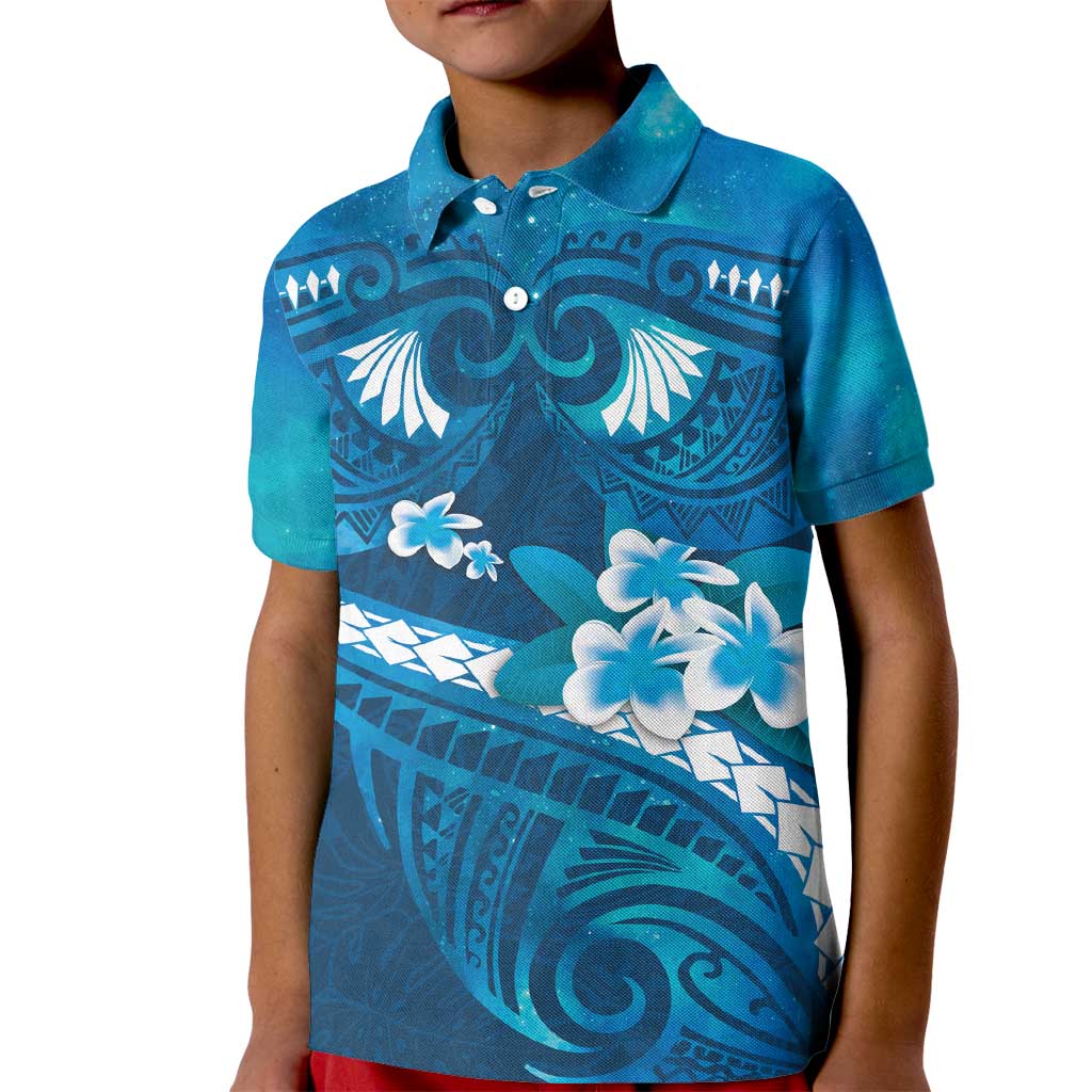 Blue Polynesia Kid Polo Shirt Tribal Pattern Tropical Frangipani LT14 Kid Blue - Polynesian Pride