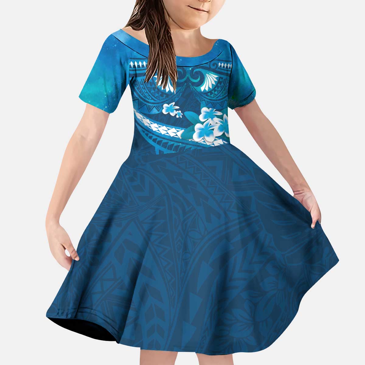 Blue Polynesia Kid Short Sleeve Dress Tribal Pattern Tropical Frangipani LT14 KID Blue - Polynesian Pride