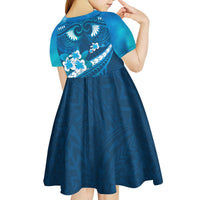 Blue Polynesia Kid Short Sleeve Dress Tribal Pattern Tropical Frangipani LT14 - Polynesian Pride