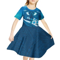 Blue Polynesia Kid Short Sleeve Dress Tribal Pattern Tropical Frangipani LT14 - Polynesian Pride