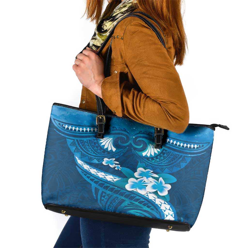 Blue Polynesia Leather Tote Bag Tribal Pattern Tropical Frangipani LT14 Blue - Polynesian Pride