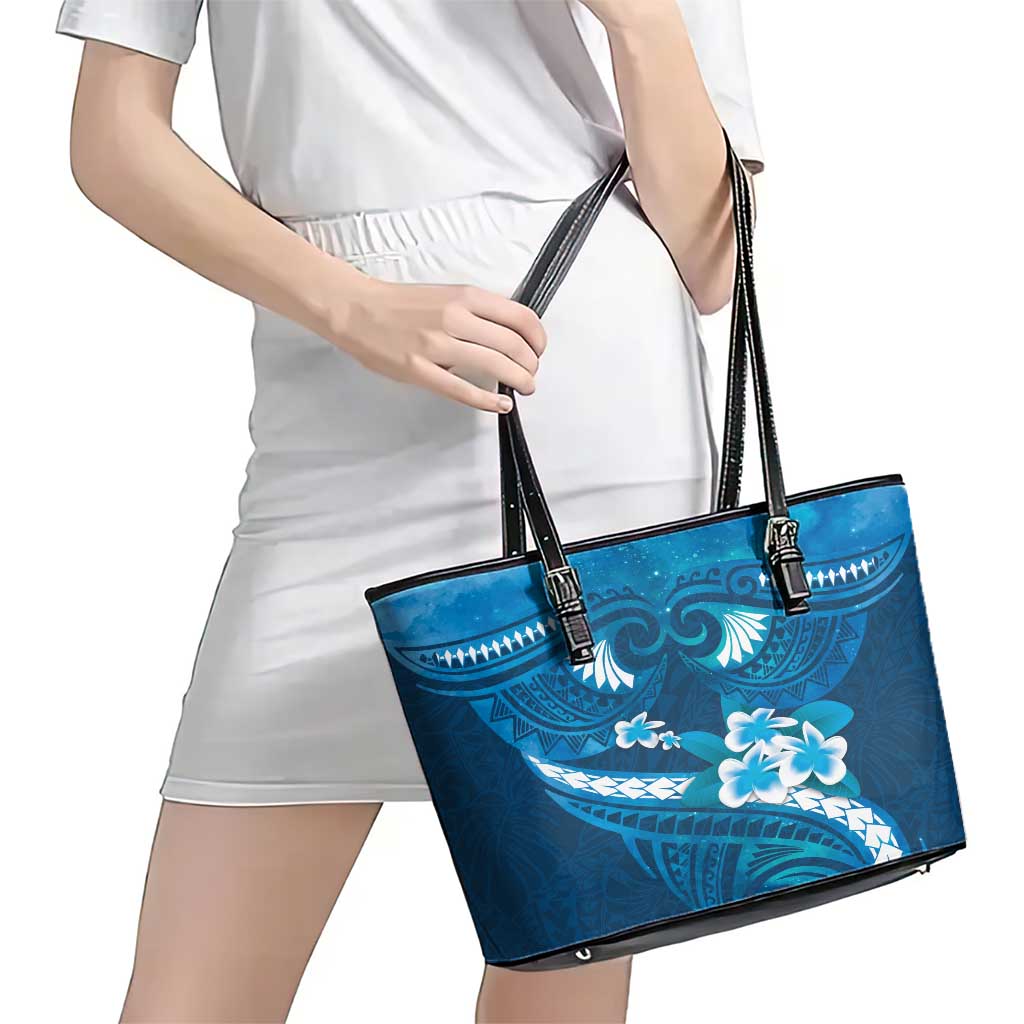 Blue Polynesia Leather Tote Bag Tribal Pattern Tropical Frangipani LT14 - Polynesian Pride