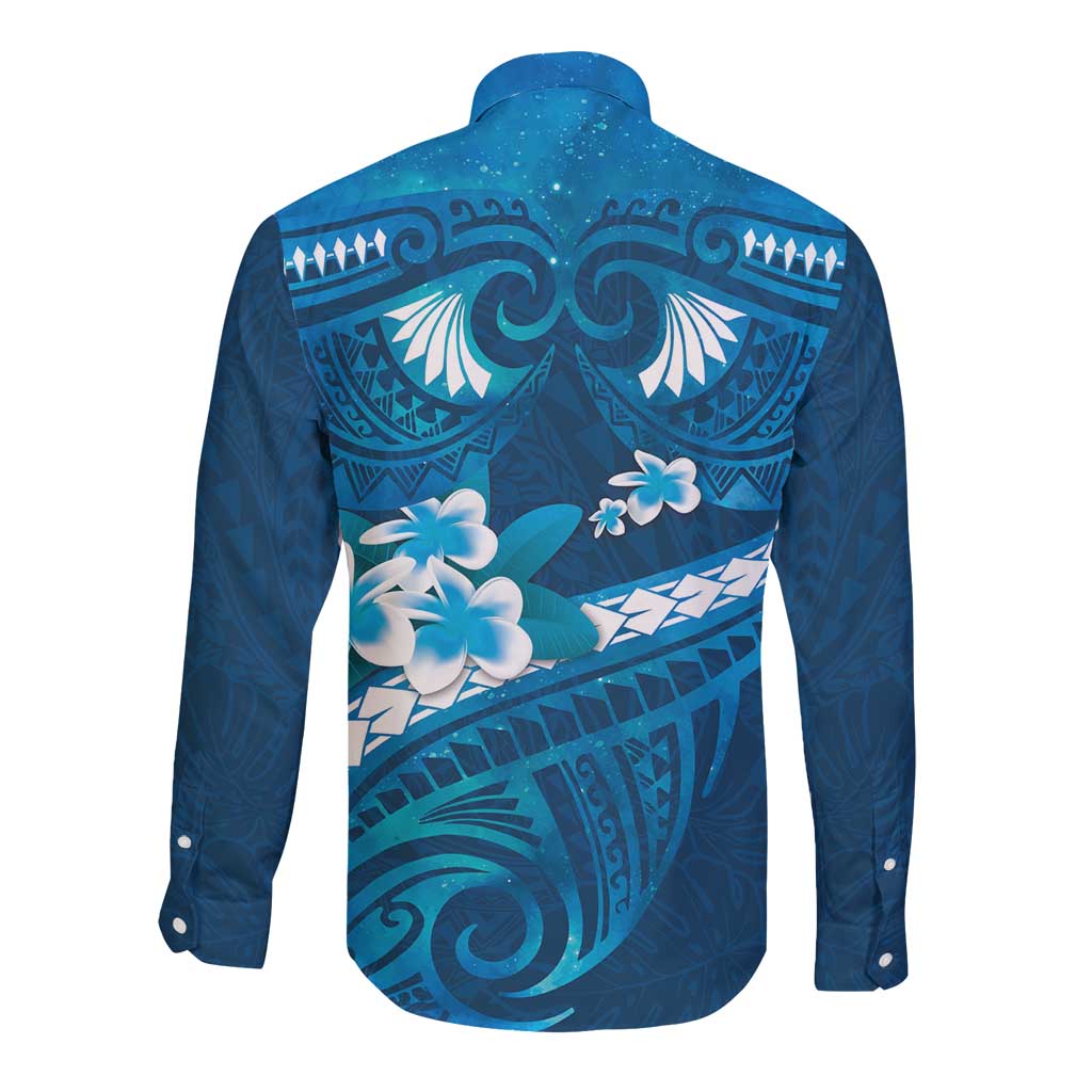 Blue Polynesia Long Sleeve Button Shirt Tribal Pattern Tropical Frangipani