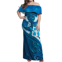Blue Polynesia Off Shoulder Maxi Dress Tribal Pattern Tropical Frangipani LT14 Women Blue - Polynesian Pride