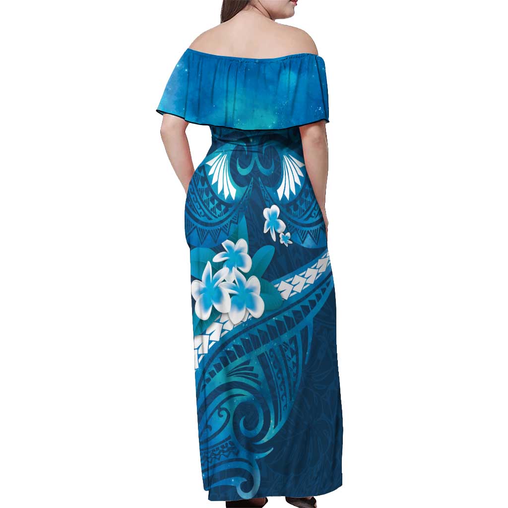 Blue Polynesia Off Shoulder Maxi Dress Tribal Pattern Tropical Frangipani LT14 - Polynesian Pride