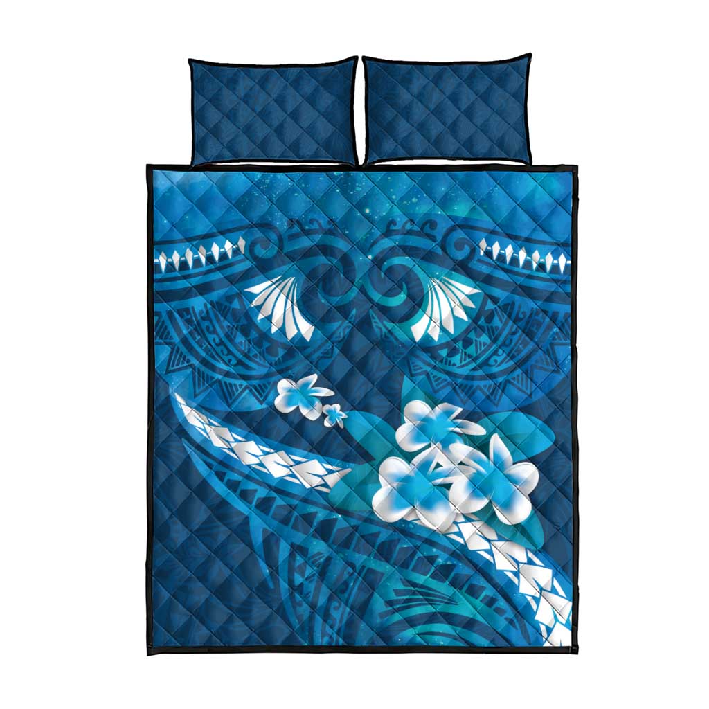 Blue Polynesia Quilt Bed Set Tribal Pattern Tropical Frangipani