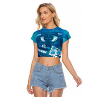 Blue Polynesia Raglan Cropped T Shirt Tribal Pattern Tropical Frangipani LT14 Female Blue - Polynesian Pride