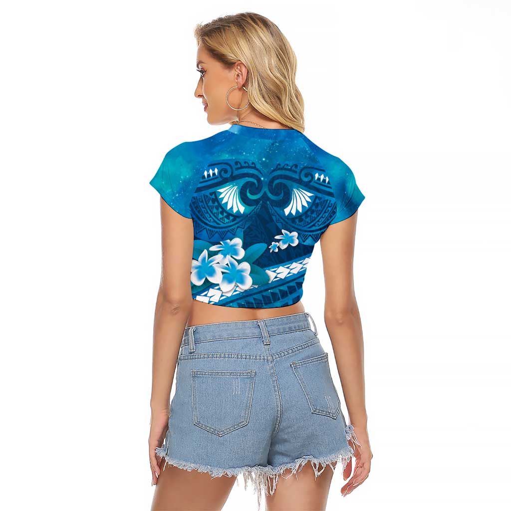 Blue Polynesia Raglan Cropped T Shirt Tribal Pattern Tropical Frangipani LT14 - Polynesian Pride
