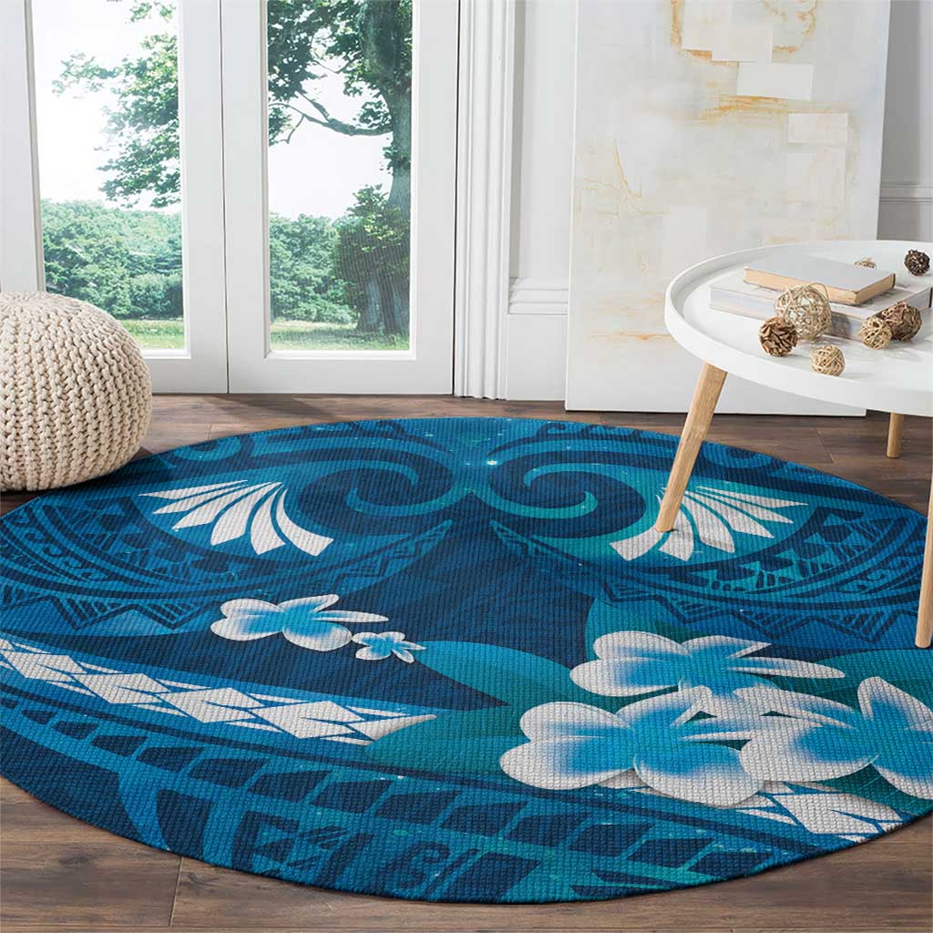 Blue Polynesia Round Carpet Tribal Pattern Tropical Frangipani