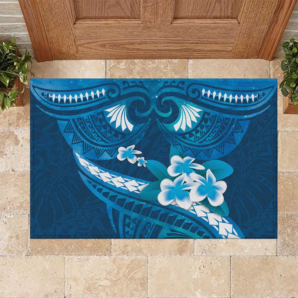 Blue Polynesia Rubber Doormat Tribal Pattern Tropical Frangipani