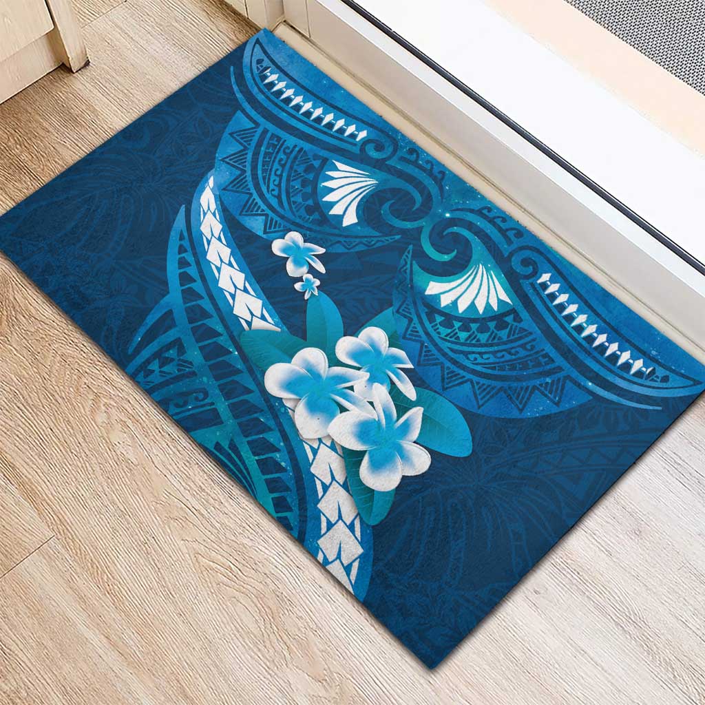Blue Polynesia Rubber Doormat Tribal Pattern Tropical Frangipani