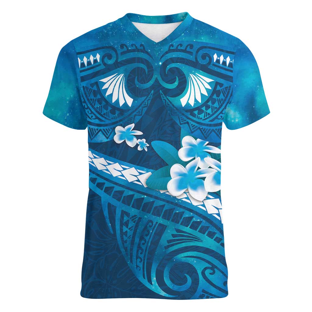 Blue Polynesia Women V-Neck T-Shirt Tribal Pattern Tropical Frangipani LT14 Female Blue - Polynesian Pride