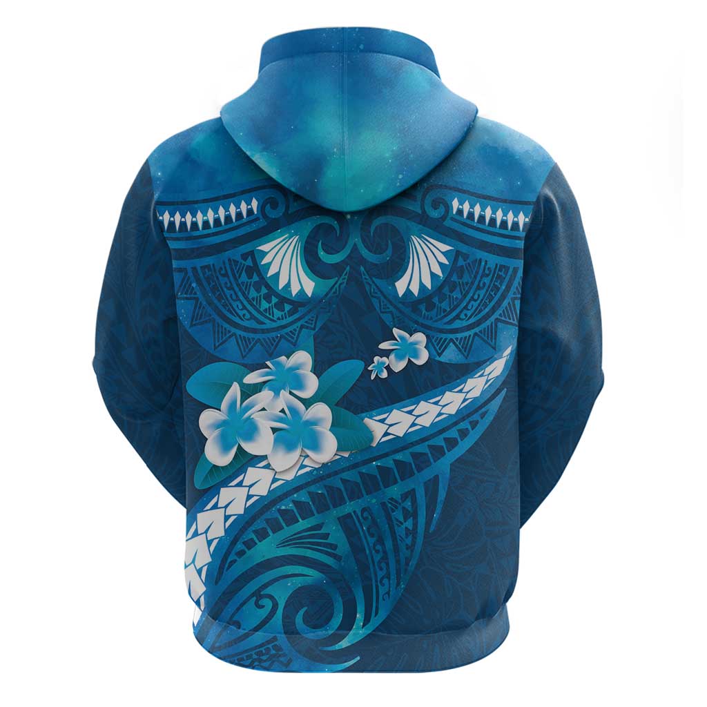Blue Polynesia Zip Hoodie Tribal Pattern Tropical Frangipani