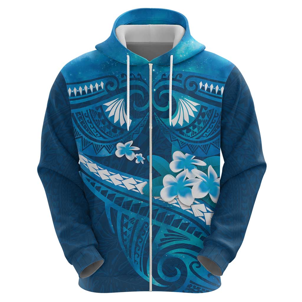 Blue Polynesia Zip Hoodie Tribal Pattern Tropical Frangipani