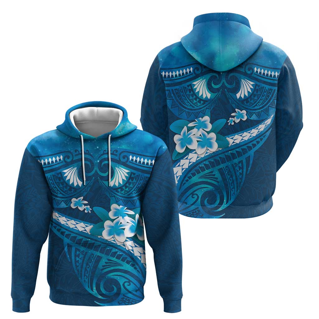 Blue Polynesia Zip Hoodie Tribal Pattern Tropical Frangipani