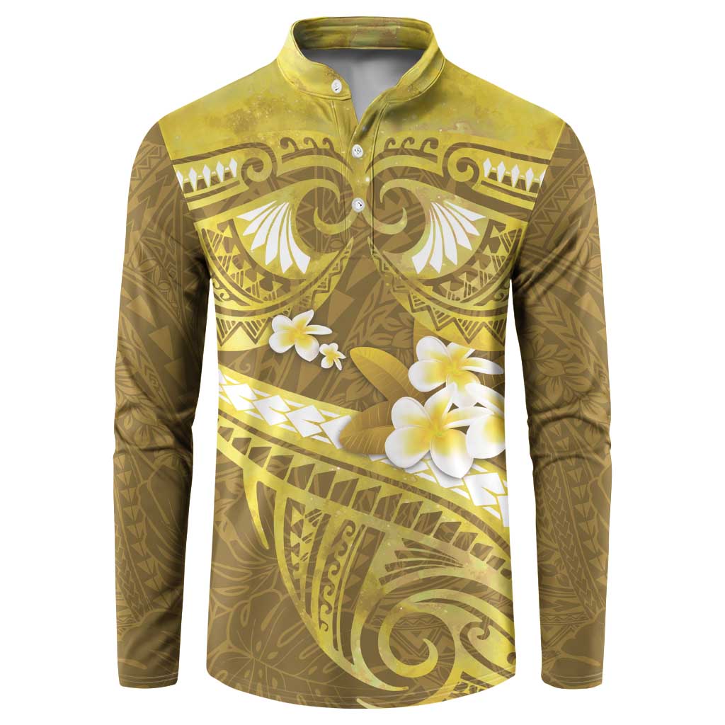 Gold Polynesia Button Sweatshirt Tribal Pattern Tropical Frangipani